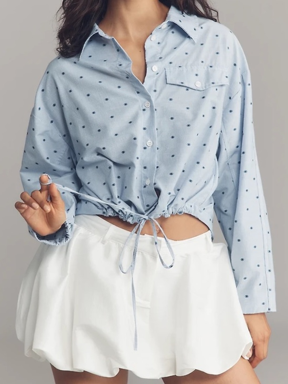 Maeve Sky Blue Button-Front Drawstring Crop Shirt with Navy Dot